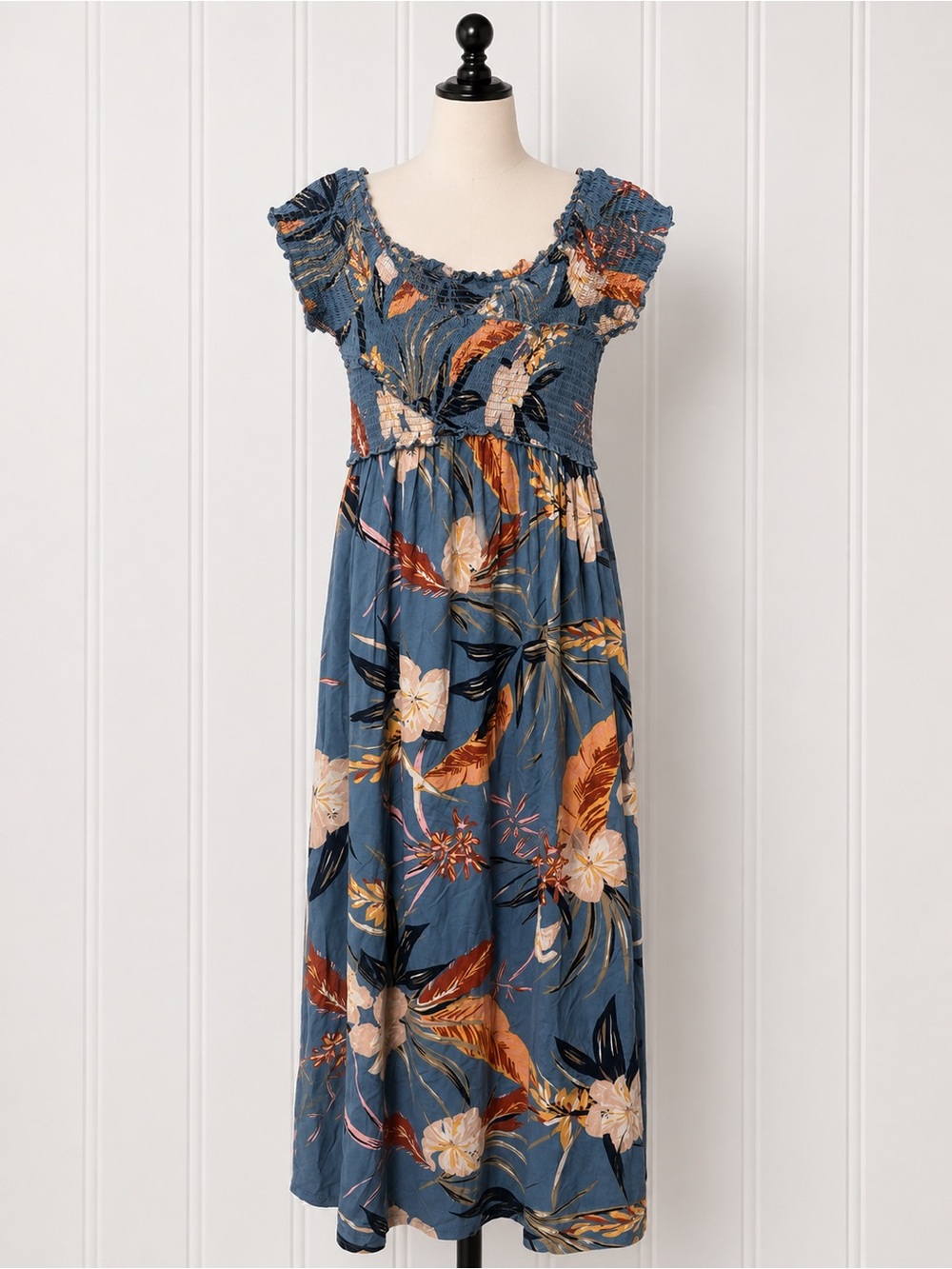 Patrons of Peace Blue Floral Smocked Maxi Dress with Cap Sleeves
